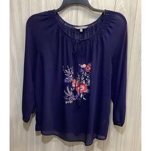 DAISY‎ FUENTES Women's (Size XL) Embroidered Floral Tie Neck Tunic Long Sleeve